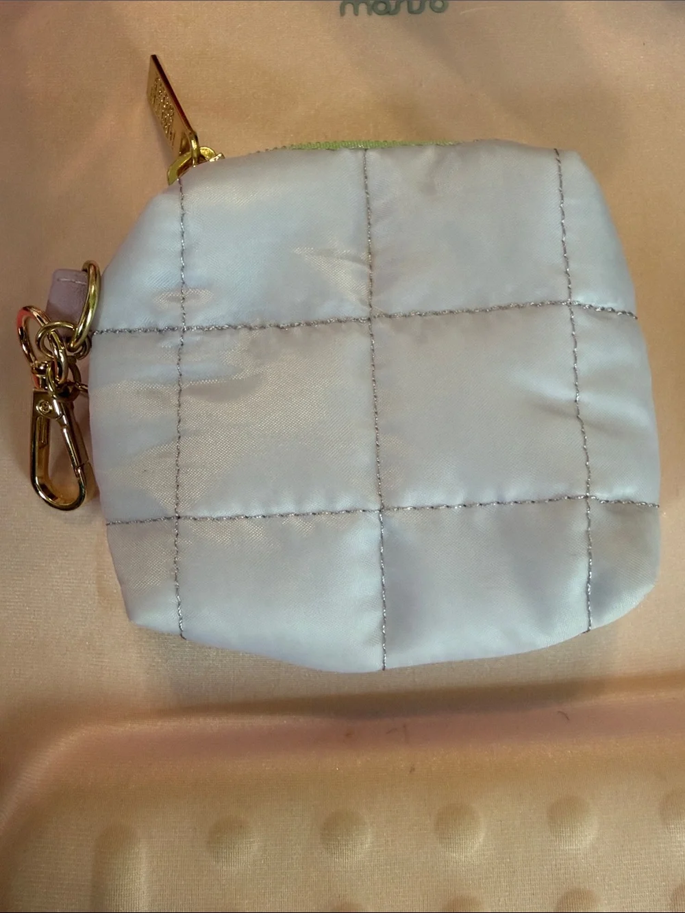 Jadelynn Brooke Quilted Lilac ear Bud Pouch with Green Zipper and Gold Hardware